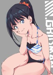 10s 1girl bikini black_bikini black_hair blue_eyes commentary_request copyright_name cowboy_shot female_focus grey_background gridman_universe hair_ornament hair_scrunchie hand_on_own_face long_hair looking_at_viewer mismatched_bikini orange_scrunchie ponytail saitou_kengo scrunchie side-tie_bikini_bottom simple_background sitting smile solo ssss.gridman swimsuit takarada_rikka