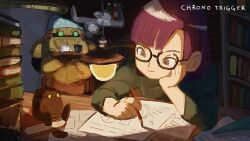 Rule 34 | 1girl, book, chrono trigger, closed mouth, copyright name, cup, glasses, kebe6p, lucca ashtear, paper, pencil, purple hair, robo (chrono trigger), robot, short hair, sitting, smile, table, writing