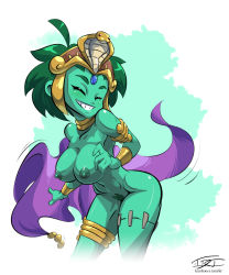 Rule 34 | 1girl, breasts, colored nipples, colored skin, cowboy shot, eric toner, female pubic hair, green hair, green nipples, green skin, headband, highres, jewelry, large breasts, narrow waist, navel, nipples, nude, pubic hair, rottytops, shantae (series), short hair, smile, solo, zombie