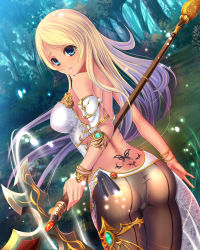 Rule 34 | 1girl, aocchi, ass, back, back tattoo, bare shoulders, blonde hair, blue eyes, blush, bracelet, breasts, butt crack, female focus, from behind, gradient hair, highres, jewelry, large breasts, light purple hair, long hair, looking at viewer, multicolored hair, open mouth, original, panties, panties under pantyhose, pantyhose, parted lips, polearm, sideboob, smile, solo, spear, tattoo, tramp stamp, underwear, weapon