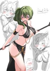 Rule 34 | 1girl, animal ears, biting hair, blush, cat ears, chain, character name, commentary, criss-cross halter, english commentary, green hair, halterneck, highres, meme attire, milk, navel, ponytail, purple eyes, side ponytail, simple background, sketch, solo, sousou no frieren, ten-chan (eternal s), ubel (sousou no frieren), white background, yomorio lingerie
