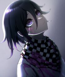 Rule 34 | 1boy, absurdres, black hair, blood, blood on clothes, checkered clothes, checkered scarf, danganronpa (series), danganronpa v3: killing harmony, gradient background, hair between eyes, helena (user xepd3824), highres, jacket, long sleeves, looking up, male focus, multicolored hair, oma kokichi, pink blood, purple eyes, purple hair, scarf, solo, two-tone hair, upper body, wavy mouth