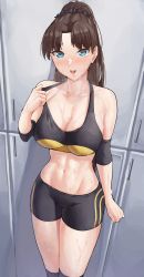 Rule 34 | 1girl, bike shorts, blue eyes, blush, bra, breasts, breath, brown hair, cleavage, collarbone, cowboy shot, elbow pads, fate/stay night, fate (series), furrowed brow, groin, hair ornament, hair scrunchie, kneehighs, legs together, looking at viewer, medium breasts, navel, nervous smile, official alternate costume, official alternate hairstyle, open mouth, ponytail, sarhce, scrunchie, smile, socks, solo, sports bra, sportswear, strap lift, sweat, thighs, tohsaka rin, two-tone sports bra, underwear, wet