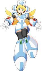 Rule 34 | 1girl, android, armor, blonde hair, cinnamon (mega man), full body, green eyes, hat, headwear request, highres, mega man (series), mega man x: command mission, mega man x (series), mega man x dive, nurse, nurse cap, official art, orb, skirt, smile, solo, thighhighs, transparent background