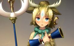 Rule 34 | 10s, antlers, artist name, blonde hair, blush, character request, commentary request, green scarf, hair between eyes, horns, kemono friends, multicolored clothes, multicolored eyes, nose blush, open mouth, scarf, short hair, simple background, solo, welt (kinsei koutenkyoku)