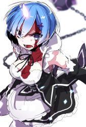 Rule 34 | 10s, 1girl, ball and chain (weapon), blood, blood on clothes, blood on face, blue eyes, blue hair, blurry, breasts, chain, depth of field, detached sleeves, dress, flail, frills, gloves, hair ornament, highres, horns, looking at viewer, maid, matching hair/eyes, medium breasts, oni horns, open mouth, re:zero kara hajimeru isekai seikatsu, rem (re:zero), short hair, single horn, solo, sparkle, spiked ball and chain, takeshima eku, teeth, weapon, white legwear, x hair ornament
