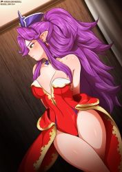 Rule 34 | 1girl, angela (seiken densetsu 3), arms behind back, artist name, bare shoulders, blush, breasts, choker, cleavage, collarbone, cowboy shot, dutch angle, earrings, facing away, green eyes, groin, high ponytail, indoors, jewelry, large breasts, crossed legs, leotard, long hair, neocoill, pointy ears, ponytail, purple choker, purple hair, red leotard, seiken densetsu, seiken densetsu 3, solo, strapless, strapless leotard, thighs, watermark, web address