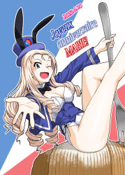 Rule 34 | 1girl, ;d, adapted costume, bare legs, bc freedom (emblem), birthday, black bow, black bowtie, blonde hair, blue jacket, bow, bowtie, breasts, character name, collar, commentary request, dated, detached collar, drill hair, emblem, flag background, food, fork, french flag, french text, girls und panzer, green eyes, happy birthday, hat, high collar, highres, jacket, leaning back, legs up, leotard, long hair, long sleeves, marie (girls und panzer), medium breasts, mont blanc (food), on food, one eye closed, oosaka kanagawa, open mouth, outline, oversized food, oversized object, partial commentary, playboy bunny, pole, reaching, reaching towards viewer, side-tie leotard, sitting, smile, solo, strapless, strapless leotard, top hat, translated, underbust, white collar, white leotard, white outline