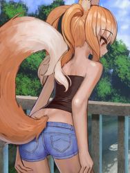 Rule 34 | 1girl, animal ear fluff, animal ears, bare shoulders, bent over, black tube top, blue shorts, bridge, closed mouth, from behind, gradient hair, grey hair, hands on own thighs, highres, long hair, looking down, multicolored hair, orange eyes, orange hair, original, outdoors, profile, river, shimogami ataru, short shorts, shorts, sky, slit pupils, solo, strapless, tail, tube top, twintails