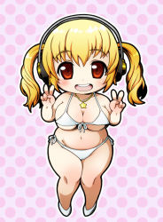 Rule 34 | 1girl, bikini, blonde hair, blush, breasts, brown eyes, chibi, cleavage, double v, female focus, headphones, huge breasts, jewelry, kurono, large breasts, looking at viewer, navel, necklace, nitroplus, open mouth, orange eyes, plump, short hair, skindentation, smile, solo, star (symbol), super pochaco, swimsuit, twintails, underboob, v, white bikini