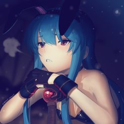 Rule 34 | 1girl, alternate costume, animal ears, bare shoulders, black background, black collar, black gloves, blue hair, boa (brianoa), breasts, cleavage, collar, gloves, highres, hinanawi tenshi, leotard, light particles, long hair, own hands together, playboy bunny, rabbit ears, red eyes, sigh, solo, teeth, touhou, twitter username, upper body