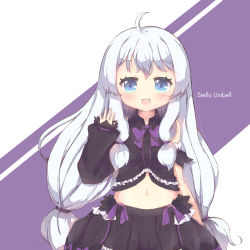 Rule 34 | 1girl, :d, absurdres, ahoge, arm at side, bad id, bad pixiv id, bare shoulders, black shirt, black skirt, blue eyes, blush, bow, bowtie, center frills, character name, commentary request, detached sleeves, foreign blue, frills, hair between eyes, hand up, highres, long hair, long sleeves, looking at viewer, low-tied long hair, midriff, navel, open mouth, pleated skirt, puffy long sleeves, puffy sleeves, purple background, purple bow, purple bowtie, shirt, sidelocks, silver hair, single detached sleeve, skirt, sleeveless, sleeveless shirt, sleeves past wrists, smile, solo, soulworker, stella unibell, teeth, two-tone background, upper teeth only, very long hair, white background