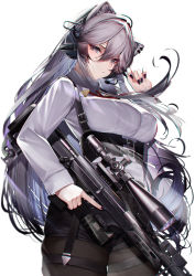 Rule 34 | 1girl, absurdres, animal ears, black nails, black pantyhose, breasts, bullpup, closed mouth, corset, cowboy shot, dsr-1, ear piercing, grey eyes, gun, hair between eyes, hand up, headset, highres, holding, holding gun, holding weapon, hololive, implied extra ears, large breasts, lion ears, long hair, long sleeves, looking at viewer, lumium, nail polish, neck ribbon, pantyhose, piercing, red ribbon, ribbon, rifle, shirt, shishiro botan, shishiro botan (button-down), silver hair, simple background, sniper rifle, solo, standing, thigh strap, trigger discipline, very long hair, virtual youtuber, weapon, white background, white shirt