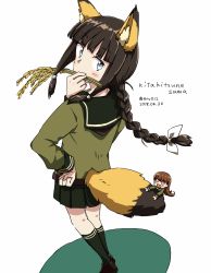 Rule 34 | 2018, 2girls, animal ears, any (lucky denver mint), black hair, black socks, blue eyes, blunt bangs, braid, brown footwear, brown hair, chibi, dated, facial mark, fake animal ears, fake tail, food in mouth, fox ears, fox tail, from above, green serafuku, green skirt, hair ribbon, hand on own hip, heart, heart-shaped pupils, highres, hime cut, kantai collection, kitakami (kancolle), kneehighs, loafers, long hair, looking at viewer, multiple girls, ooi (kancolle), open mouth, pleated skirt, ribbon, rice, school uniform, serafuku, shoes, sidelocks, simple background, single braid, skirt, socks, symbol-shaped pupils, tail, twitter username, whisker markings, white background, white ribbon