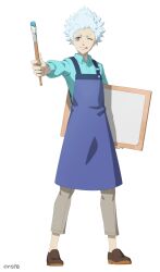 Rule 34 | 1boy, apron, black clover, black clover m: rise of the wizard king, blue apron, blue shirt, brown eyes, brown footwear, brown pants, canvas (object), collared shirt, full body, highres, holding, holding paintbrush, looking at viewer, official alternate costume, official art, one eye closed, paintbrush, painter (stereotype), pants, rill boismortier, shirt, shoes, short hair, simple background, solo, spiked hair, tongue, tongue out, white background, white hair