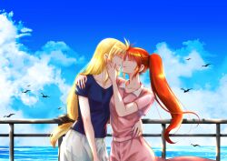 Rule 34 | 2girls, arm around shoulder, bird, black bow, blonde hair, blue sky, bow, closed eyes, cloud, cloudy sky, commentary request, commission, couple, cowboy shot, day, dress, fate testarossa, hair bow, hair ribbon, hand on another&#039;s face, highres, imminent kiss, jewelry, kiss, leoheart, long hair, looking at another, lyrical nanoha, mahou shoujo lyrical nanoha, mahou shoujo lyrical nanoha strikers, multiple girls, orange hair, outdoors, pixiv commission, ponytail, ribbon, ring, seagull, shirt, short sleeves, side ponytail, sidelocks, skirt, sky, smile, standing, takamachi nanoha, very long hair, wedding ring, wife and wife, yuri
