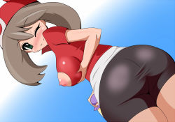 Rule 34 | 1girl, ass, bike shorts, breasts, brown hair, creatures (company), game freak, green eyes, harubato, hat, large breasts, may (pokemon), nintendo, nipple cutout, nipples, pokemon, solo, tight clothes, torn clothes
