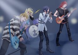 Rule 34 | 4boys, alternate costume, animal print, axel (kingdom hearts), band, black footwear, black lips, black pants, black ribbon, black shirt, black wristband, blonde hair, blue background, blue hair, boots, brown hair, chest harness, closed eyes, commentary request, demyx, denim, dress shirt, drum, drum set, drumming, drumsticks, facepaint, fingerless gloves, full body, fur-trimmed shirt, fur trim, gloves, grin, guitar, hair over one eye, hand up, happy, harness, holding, holding drumsticks, holding guitar, holding instrument, holding microphone, instrument, jeans, kingdom hearts, kingdom hearts ii, leaning forward, leopard print, lipstick, long hair, makeup, male focus, medium hair, microphone, mukashino, multiple boys, music, neck ribbon, open mouth, organization xiii, pants, playing guitar, playing instrument, red hair, ribbon, rock band, roman numeral, shirt, short hair, singing, sitting, smile, spiked hair, striped clothes, striped sweater, sweater, teardrop facial mark, teeth, thigh strap, tongue, tongue out, torn clothes, torn pants, torn shirt, upper teeth only, vexen, zexion