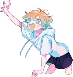 Rule 34 | 1boy, antenna hair, arm up, black shorts, blonde hair, bright pupils, eta (guchiry), gradient hair, green eyes, green hair, happy, himanemuitoma, hood, hoodie, multicolored hair, open mouth, short hair, short sleeves, shorts, smile, solo, star-shaped pupils, star (symbol), symbol-shaped pupils, the sky is falling! (vocaloid), transparent background, vocaloid, white hoodie, white pupils