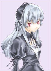 Rule 34 | 00s, 1girl, black dress, detached collar, dress, frills, hairband, juliet sleeves, lolita hairband, long hair, long sleeves, looking at viewer, pink background, puffy sleeves, rozen maiden, silver hair, simple background, solo, suigintou, takano natsuki, upper body, very long hair