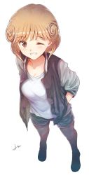 Rule 34 | 1girl, amano ai, black pantyhose, brown hair, den&#039;ei shoujo, furai, grin, hand in pocket, one eye closed, pantyhose, purple eyes, short hair, shorts, signature, simple background, smile, solo, white background