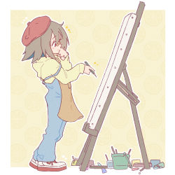 Rule 34 | 1girl, absurdres, apron, bandaid, bandaid on face, bandaid on nose, beret, blue hair, brown hair, bucket, canvas (object), colored inner hair, do it yourself!!, easel, hand on own chin, hat, highres, holding, holding pencil, medium hair, megateru, multicolored hair, overalls, patterned background, pencil, simple background, solo, two-tone hair, yua serufu