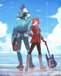 Rule 34 | 00s, 1girl, ahoge, arm up, artist name, back-to-back, black pantyhose, blue sky, blush, boots, canti, closed mouth, cloud, coat, day, elbow gloves, flcl, full body, gloves, goggles, goggles on head, guitar, guweiz, hand on own hip, haruhara haruko, holding, horizon, instrument, knee boots, looking at viewer, machinery, outdoors, pantyhose, pink lips, red coat, red gloves, red hair, robot, sand, scarf, short hair, sky, smile, standing, water, white footwear, white scarf
