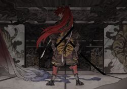 Rule 34 | 1boy, armor, black gloves, conohi (snvcenni), from behind, gloves, highres, japanese armor, japanese clothes, looking to the side, male focus, original, ponytail, red hair, shouji, sliding doors, tiger