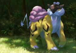 Rule 34 | animal focus, commentary request, creatures (company), day, full body, game freak, gen 2 pokemon, grass, highres, legendary pokemon, looking to the side, nintendo, no humans, outdoors, pokemon, pokemon (creature), raikou, rend, solo, standing, tusks