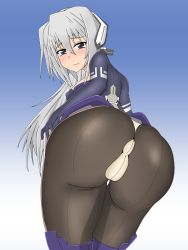 Rule 34 | 1girl, android, artist request, ass, blue eyes, blush, bodysuit, breasts, cameltoe, from behind, from below, headgear, highres, horizon ariadust, huge ass, kyoukaisenjou no horizon, long hair, looking at viewer, looking back, pantyhose, shiny clothes, silver hair, solo, thong, very long hair
