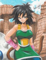 Rule 34 | 1girl, 2021, armor, black eyes, black hair, blue pants, breasts, brown tail, canyon, cliff, closed mouth, cloud, collarbone, dragon ball, dragon ball super, eyebrows hidden by hair, facing viewer, gine, hair between eyes, hand on own hip, happy, highres, large breasts, looking to the side, matching hair/eyes, mature female, medium hair, outdoors, pants, ravernclouk design, saiyan, saiyan armor, skirt, sky, smile, solo, standing, tail, traditional media