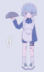 Rule 34 | 1girl, @ @, absurdres, apron, bandages, bandaid, bandaid on leg, blood, blue eyes, blue hair, blue theme, highres, holding, indie utaite, jacket, jersey, jersey maid, light blue background, maid, maid apron, open mouth, original, shoes, short hair, socks, solo, speech bubble, standing, track jacket, unconventional maid, white socks, wotoha