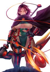 Rule 34 | 00s, 1girl, bodysuit, breasts, brown hair, butcha-u, cameltoe, covered navel, curvy, eroquis!, fat mons, female focus, gloves, highres, large breasts, looking at viewer, partially visible vulva, purple hair, red line (taimanin asagi), scythe, short hair, solo, taimanin (series), taimanin asagi, taimanin asagi kessen arena, underboob, weapon, wide hips, yellow eyes