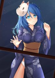 Rule 34 | 10s, against glass, blue eyes, blue hair, breasts, embarrassed, fox mask, healther, japanese clothes, kantai collection, kimono, large breasts, mask, night, night sky, panties, pantyshot, side slit, sky, solo, star (sky), starry sky, underwear, urakaze (kancolle), yukata