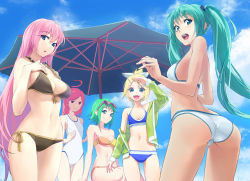 Rule 34 | 5girls, :d, ahoge, aqua eyes, aqua hair, ass, bandeau, beach umbrella, bikini, black bikini, blonde hair, blue bikini, blue eyes, blue sky, bow, breast envy, breasts, cleavage, cloud, day, eyewear on head, front-tie top, green eyes, green hair, gumi, hair bow, hair ornament, hair ribbon, hairclip, hand on own chest, hatsune miku, high ponytail, jacket, kagamine rin, large breasts, long hair, looking back, medium breasts, megurine luka, multiple girls, navel, off shoulder, one-piece swimsuit, open clothes, open jacket, open mouth, pink hair, red hair, ribbon, sf-a2 miki, short hair, short ponytail, side-tie bikini bottom, sitting, sky, small breasts, smile, strap gap, sunglasses, swimsuit, twintails, umbrella, very long hair, vocaloid, yahako