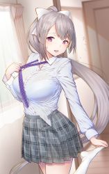 Rule 34 | 1girl, absurdres, blush, bow, bra, breasts, chromatic aberration, collared shirt, commentary request, dress shirt, ears visible through hair, flying sweatdrops, grey skirt, hair bow, hair ornament, hairclip, high ponytail, highres, higuchi kaede, indoors, large breasts, leg up, long sleeves, miniskirt, mole, mole under eye, necktie, nijisanji, open clothes, open fly, open mouth, open skirt, plaid, plaid skirt, pleated skirt, purple eyes, purple necktie, see-through, shirt, skirt, solo, standing, standing on one leg, sweat, tongue, tongue out, translation request, underwear, urigarasu, virtual youtuber, white bow, white legwear, white shirt