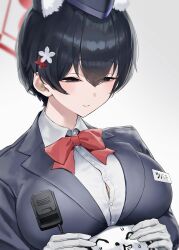 Rule 34 | 1boy, 1girl, absurdres, animal ears, black eyes, black hair, black jacket, blue archive, bow, bowtie, breasts, buttons, cleavage, commentary request, doodle sensei (blue archive), flower, hair flower, hair ornament, halo, highres, jacket, kazane-wind, large breasts, red bow, red bowtie, red halo, sensei (blue archive), shirt, short hair, simple background, smile, solo focus, tsubaki (blue archive), tsubaki (guide) (blue archive), walkie-talkie, white background, white shirt
