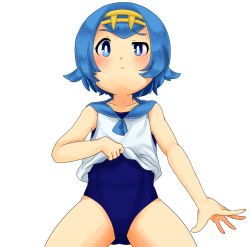 Rule 34 | 10s, 1girl, blue eyes, blue hair, blunt bangs, blush, child, closed mouth, collarbone, cowboy shot, creatures (company), female focus, flat chest, from below, game freak, hairband, kyounin mo yako (datensi rpg), lana (pokemon), looking at viewer, looking down, matching hair/eyes, nintendo, npc trainer, one-piece swimsuit, pokemon, raised eyebrow, sailor collar, simple background, sleeveless, solo, standing, swimsuit, swimsuit under clothes, trial captain, white background