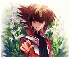 Rule 34 | 1boy, :d, black shirt, brown eyes, brown hair, duel academy uniform (yu-gi-oh! gx), jacket, long sleeves, looking at viewer, male focus, multicolored hair, open clothes, open jacket, open mouth, red jacket, shirt, sk816, smile, solo, two-tone hair, yu-gi-oh!, yu-gi-oh! gx, yuki judai