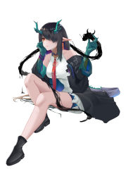 Rule 34 | 1girl, absurdres, arknights, bad id, bad pixiv id, bead bracelet, beads, black footwear, black hair, black jacket, boots, bracelet, breasts, china dress, chinese clothes, cleavage cutout, clothing cutout, collarbone, colored skin, dragon, dragon girl, dragon horns, dragon tail, dress, dusk (arknights), earrings, eastern dragon, full body, green skin, hair over one eye, hand up, head rest, highres, horns, invisible chair, jacket, jewelry, large breasts, long hair, looking at viewer, necktie, njnywy, off shoulder, one eye covered, pointy ears, red eyes, red necktie, sidelocks, simple background, sitting, solo, tail, tassel, tassel earrings, white background, white dress