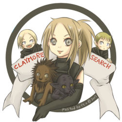 Rule 34 | 00s, 3girls, :d, bare shoulders, black gloves, blonde hair, blush stickers, claymore (series), copyright name, crazy eyes, creature, deneve, elbow gloves, gloves, grey eyes, helen, holding, looking at viewer, lowres, miria, multiple girls, open mouth, ponytail, rigardo, short hair, simple background, smile, white background