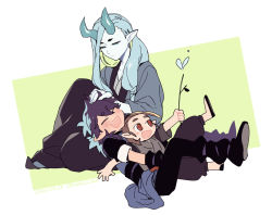 Rule 34 | 3boys, aqua eyes, black footwear, black pants, blush, brown eyes, dated, closed eyes, fengxi (the legend of luoxiaohei), holding, luozhu (the legend of luoxiaohei), multiple boys, open mouth, pants, pointy ears, shoes, short sleeves, smile, luo xiaohei zhanji, twitter username, vox, xuhuai (the legend of luoxiaohei)