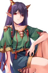 Rule 34 | 1girl, absurdres, black hair, blue shorts, closed mouth, collarbone, feet out of frame, green shirt, highres, horns, koizumo, long hair, looking at viewer, nippaku zanmu, oni horns, pointy ears, red eyes, shirt, short sleeves, shorts, simple background, solo, touhou, white background