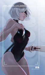 Rule 34 | 1girl, absurdres, black blindfold, black leotard, black nails, blindfold, breasts, character name, commentary, covered eyes, english commentary, fingernails, gintsu, highres, holding, holding sword, holding weapon, latex, latex leotard, leotard, lips, medium breasts, nail polish, nier (series), nier:automata, no mole, nose, pink lips, sharp fingernails, short hair, silver hair, skin tight, solo, sword, weapon, 2b (nier:automata)