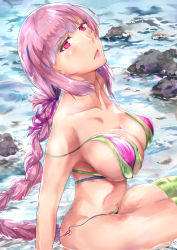 Rule 34 | 1girl, arm support, bare arms, bare shoulders, bikini, blush, braid, breasts, cleavage, collarbone, commentary request, covered erect nipples, curvy, day, eyelashes, fate/grand order, fate (series), female focus, florence nightingale (fate), florence nightingale (trick or treatment) (fate), from side, half-closed eyes, highres, large breasts, layered bikini, lips, long hair, looking at viewer, looking up, multicolored bikini, multicolored clothes, ocean, official alternate costume, open mouth, outdoors, partially submerged, pink eyes, purple hair, rock, shiny skin, side-tie bikini bottom, sideboob, single braid, sitting, skindentation, solo, stomach, strap slip, swimsuit, thighhighs, thong, very long hair, wardrobe malfunction, zetsuki (theendoftheworid)