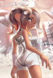 Rule 34 | 1girl, agent 8 (splatoon), ass, blurry, blurry background, bodysuit, brown hair, building, closed mouth, commentary request, copyright name, coral, dark-skinned female, dark skin, gradient hair, grey eyes, highres, iria (yumeirokingyo), looking back, medium hair, multicolored hair, nintendo, octoling, octoling girl, octoling player character, orange hair, sleeveless, sleeveless bodysuit, solo, splatoon (series), splatoon 3, splatoon 3: side order, tentacle hair, thick eyebrows, two-tone hair, white bodysuit, zipper