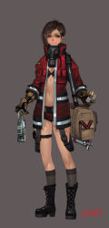 Rule 34 | 1girl, absurdres, bag, belt, bikini, bikini top only, black bikini, black footwear, black socks, blush, boots, breasts, brown hair, cleavage, closed mouth, collarbone, cross-laced footwear, dated, earrings, fire, fire extinguisher, full body, gas mask, green eyes, grey background, hair ornament, hairclip, highres, holding, jacket, jewelry, kneehighs, lighter, mask, medium breasts, midfinger, molotov cocktail, navel, open clothes, open jacket, original, realistic, red shorts, short shorts, shorts, simple background, smile, socks, solo, swept bangs, swimsuit