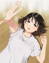 Rule 34 | 1girl, :d, black hair, blush, grey eyes, lying, mattaku mousuke, on back, on floor, open mouth, original, outstretched arm, shirt, short sleeves, smile, solo, sweat, twitter username, upper body, watermark, white shirt, wooden floor