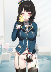 Rule 34 | 1girl, ascot, black gloves, black hair, black thighhighs, blush, breasts, buttons, closed mouth, cowboy shot, gloves, hayakawa akari, highres, kantai collection, large breasts, long sleeves, looking at viewer, military, military uniform, navel, one eye closed, red eyes, rubber duck, shirt, short hair, solo, takao (kancolle), thighhighs, uniform, white ascot, white shirt