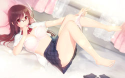 Rule 34 | 1girl, ahoge, arima senne, barefoot, bed, bedroom, bra, breasts, brown hair, glasses, highres, kashiwamochi yomogi, large breasts, lingerie, long hair, lying, midriff, on bed, open clothes, open shirt, panties, panty pull, red eyes, ribbon, shirt, skirt, smile, solo, thighs, underwear